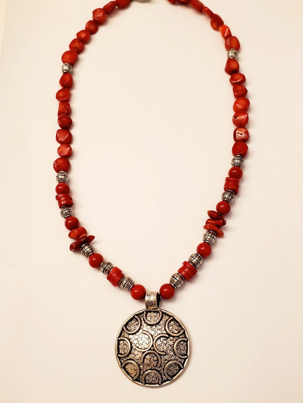 Thai Silver & Coral Red Beaded Pendant Necklace, 20 Inches, 1.5 Inch Pendant
